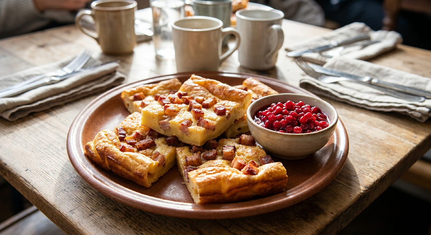 Ugnspannkaka med fläsk och lingon served on a plate, photographed in natural light