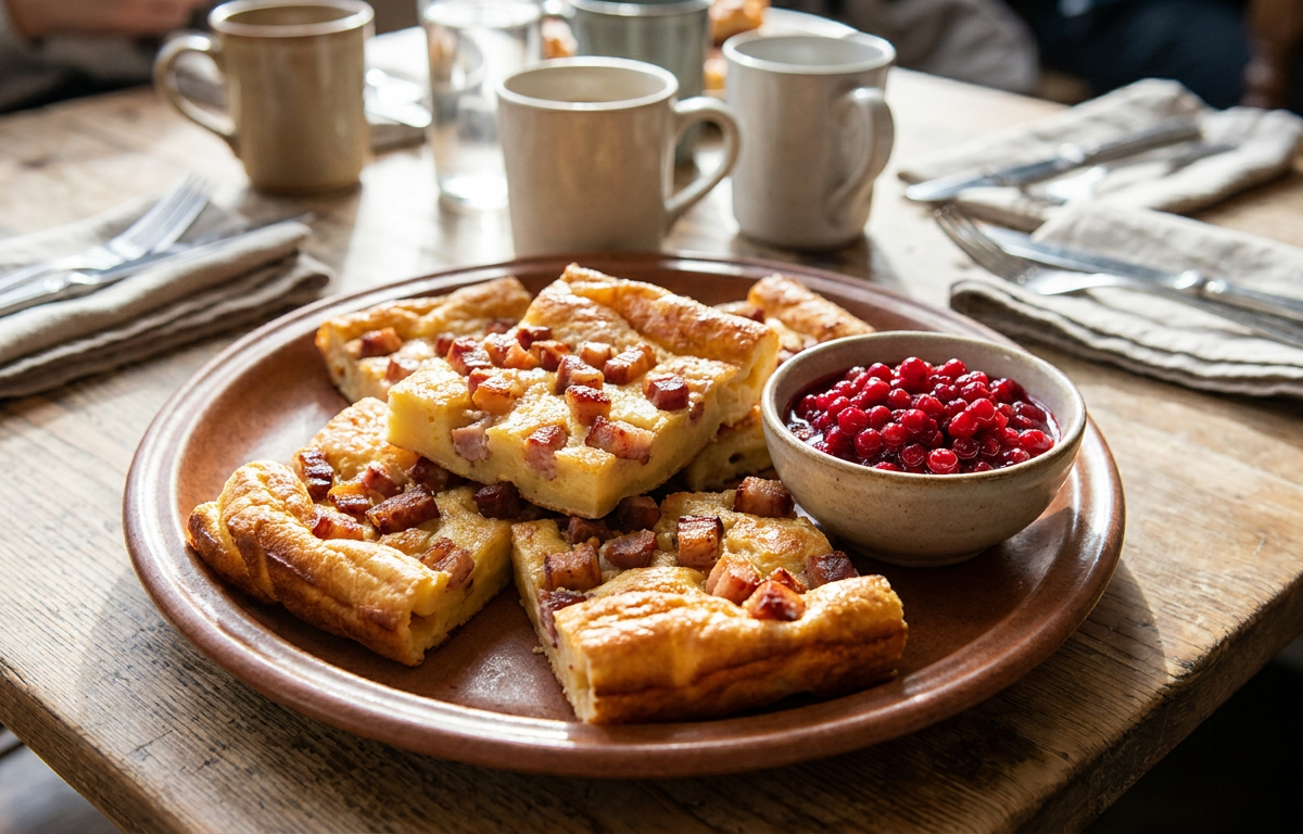 Ugnspannkaka med fläsk och lingon served on a plate, photographed in natural light