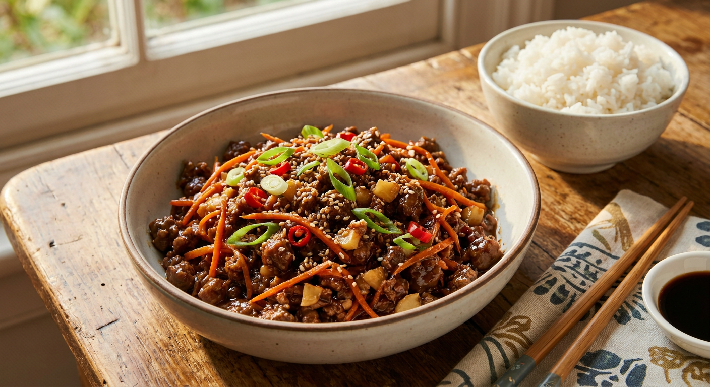 Asiatische Wildhack-Wokpfanne mit Hirsch oder Elch
