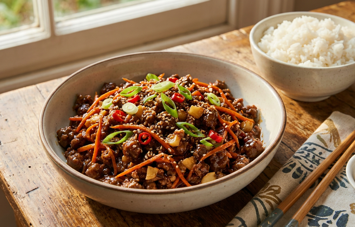 Asiatische Wildhack-Wokpfanne mit Hirsch oder Elch