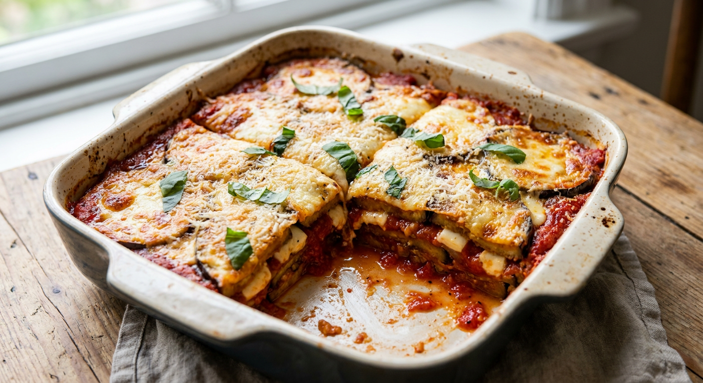 Melanzane alla Parmigiana served on a plate, photographed in natural light