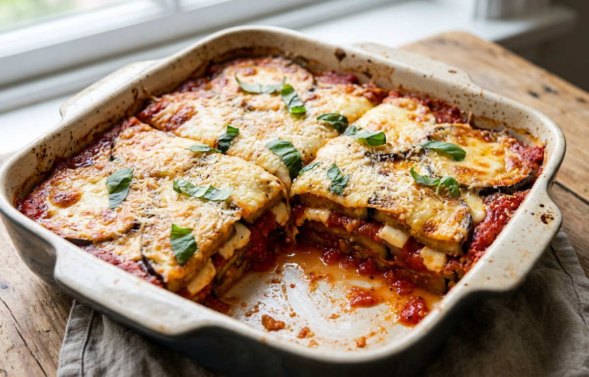 Melanzane alla Parmigiana served on a plate, photographed in natural light