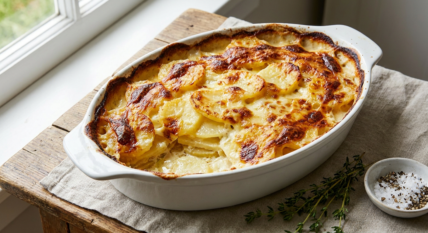 Klassisk Gratin Dauphinois, potatis gratäng served on a plate, photographed in natural light