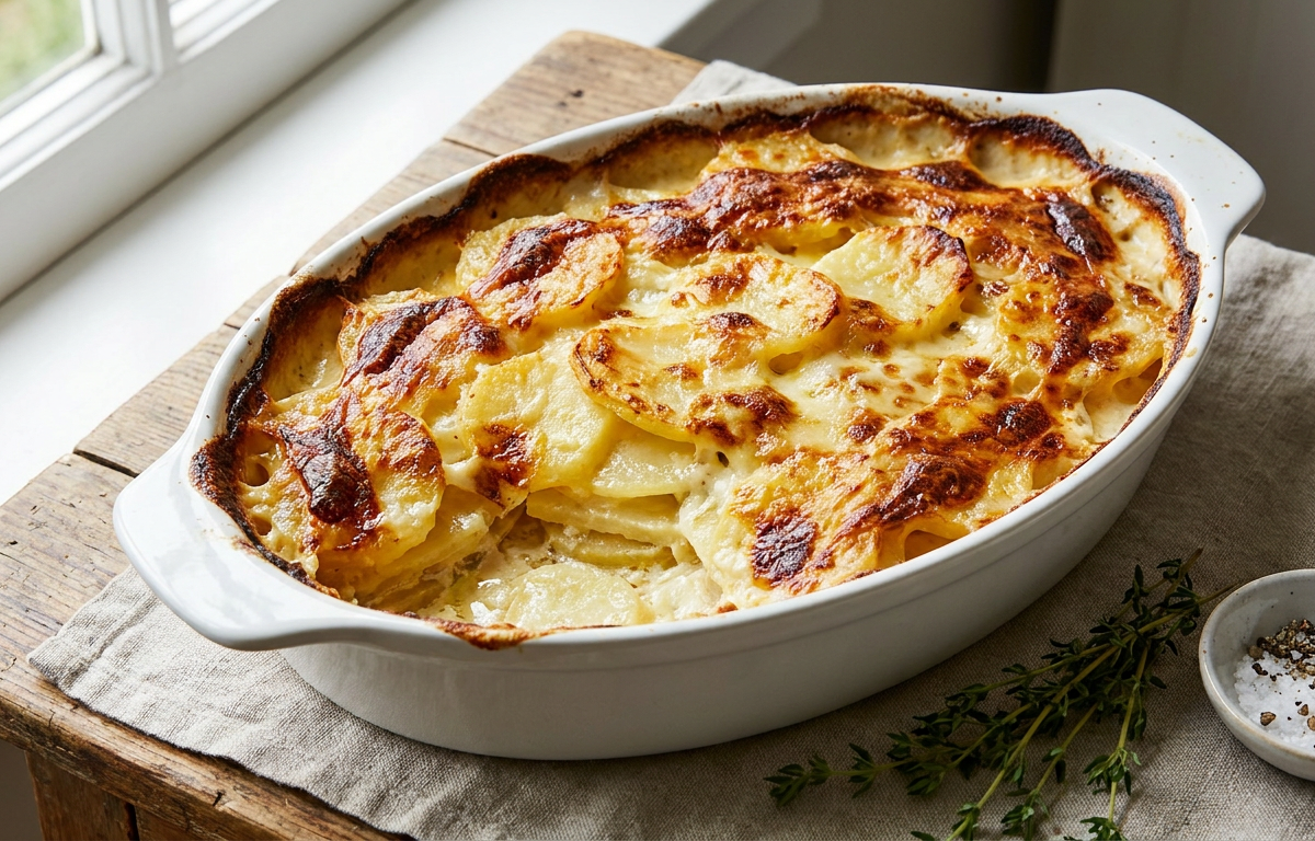 Klassisk Gratin Dauphinois, potatis gratäng served on a plate, photographed in natural light