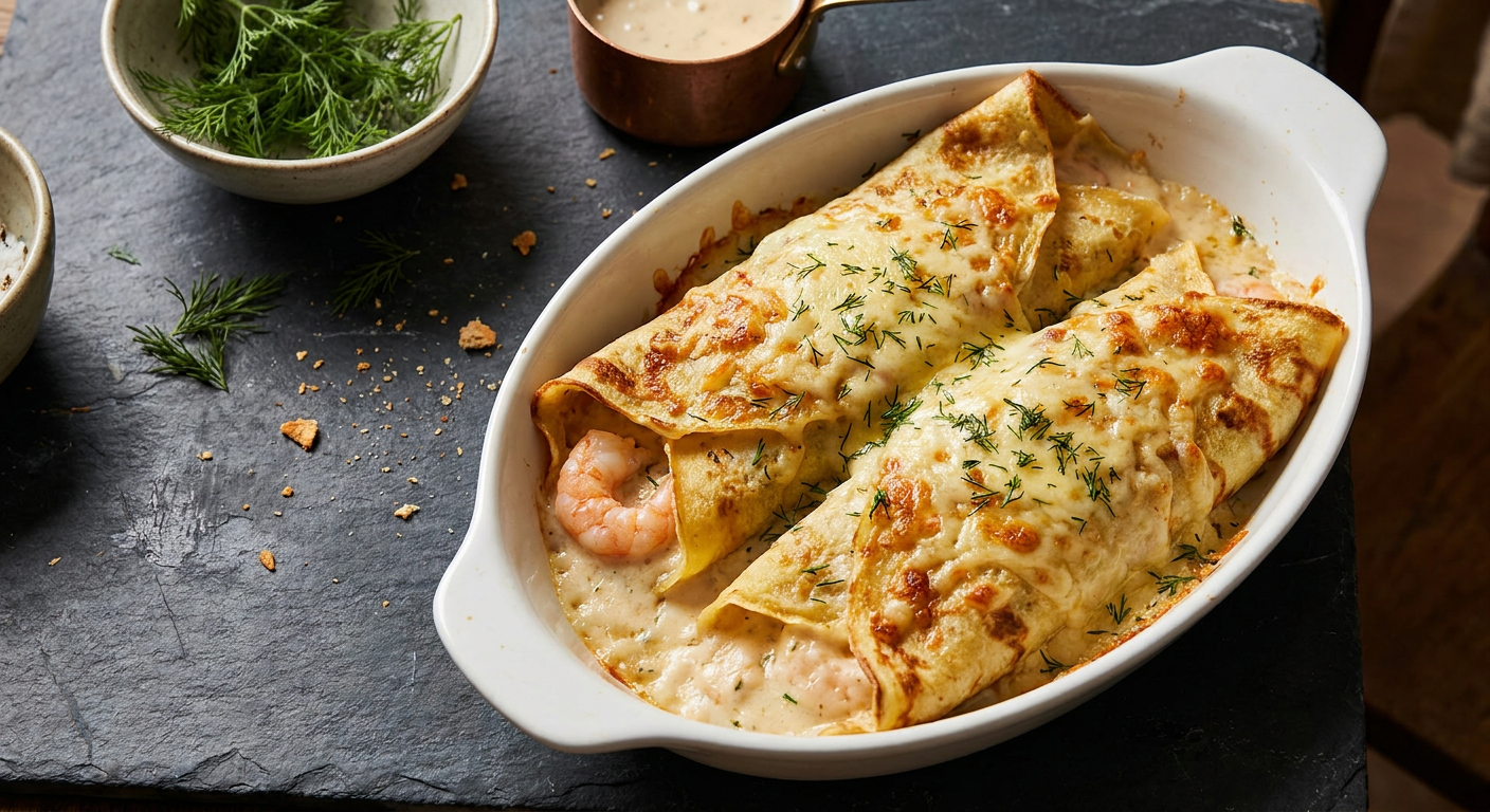Überbackene Crêpes mit Garnelen und Gruyère