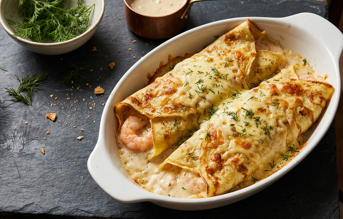 Überbackene Crêpes mit Garnelen und Gruyère