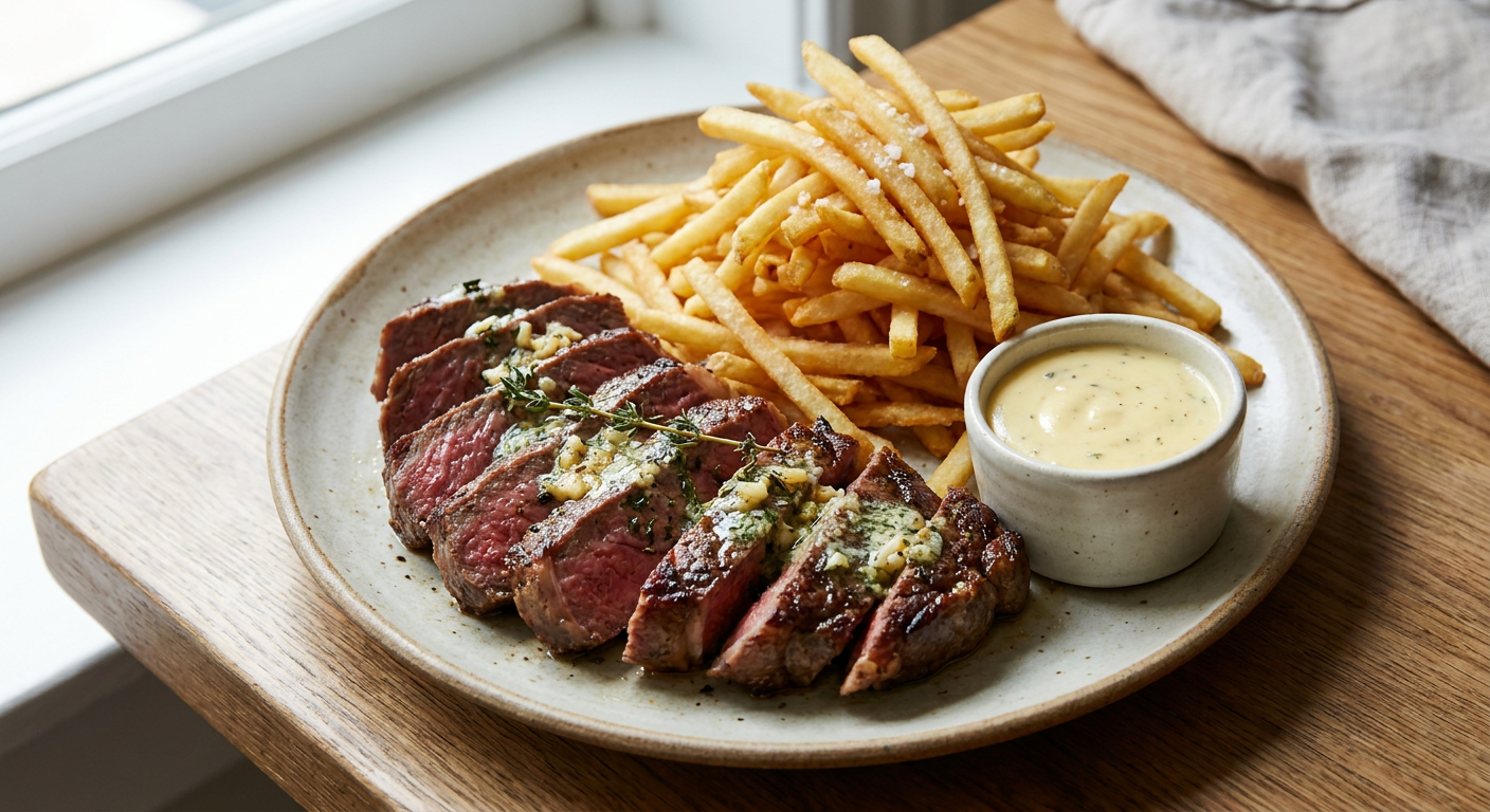 Steak Frites served on a plate, photographed in natural light