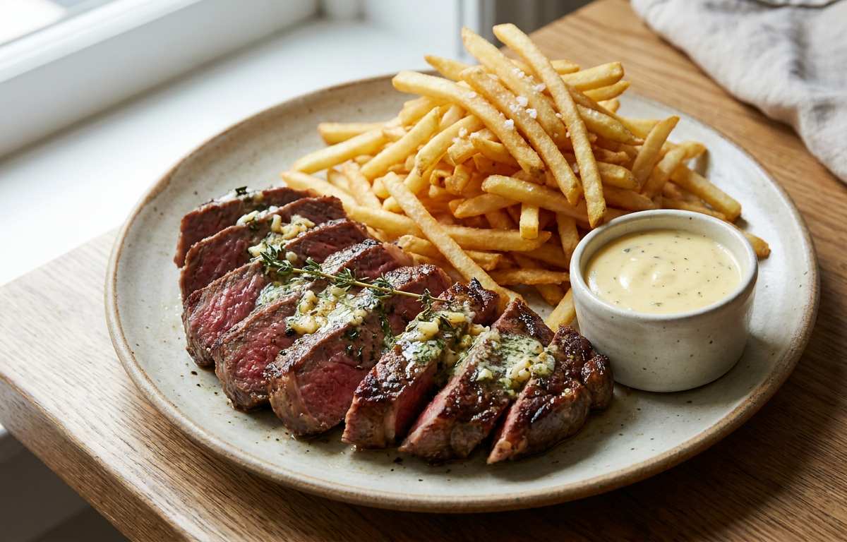 Steak Frites served on a plate, photographed in natural light