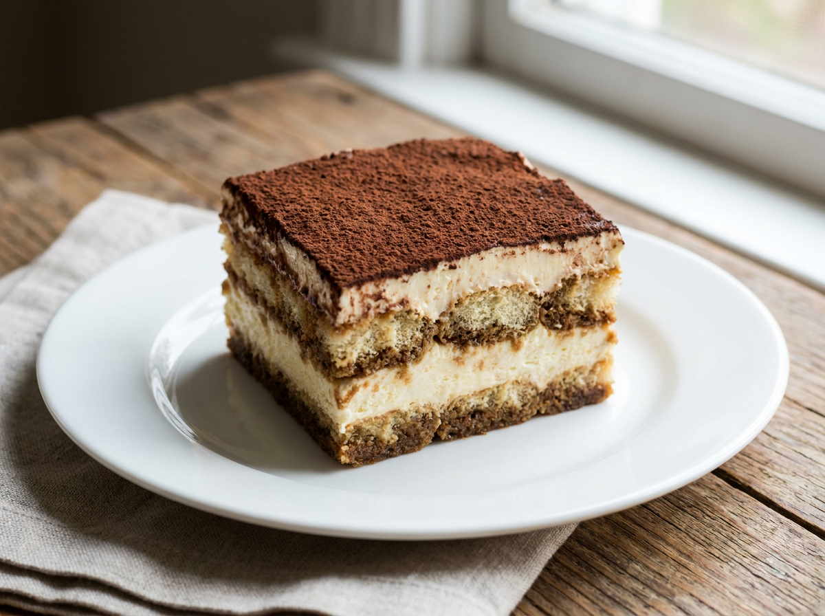 Authentic Italian Tiramisu served on a plate, photographed in natural light