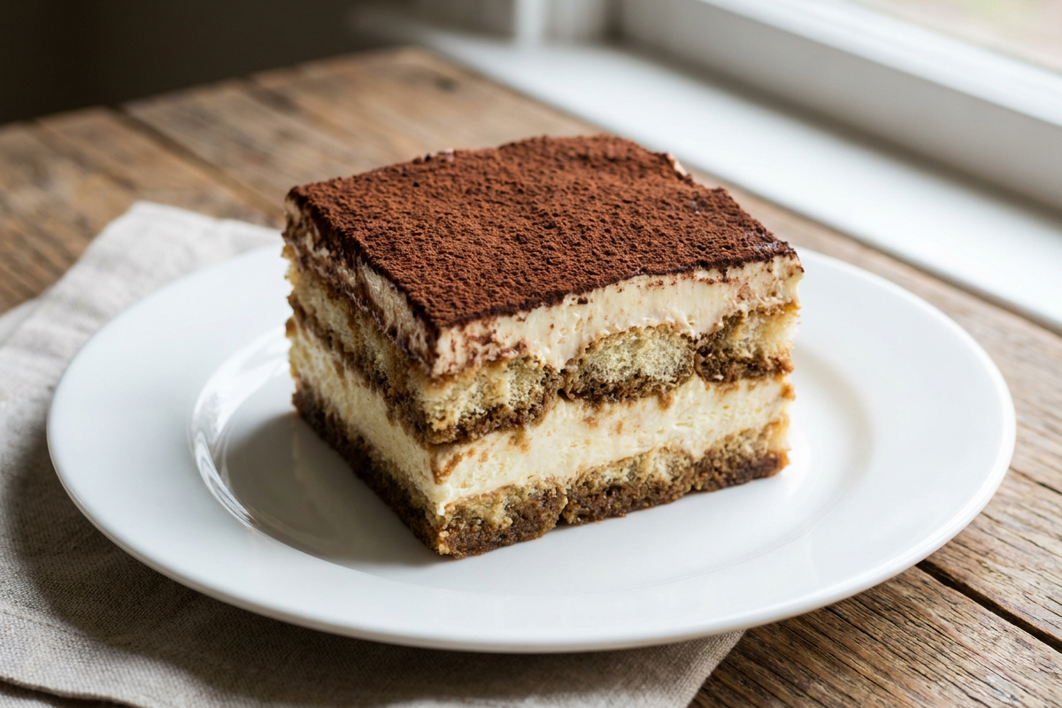 Authentic Italian Tiramisu served on a plate, photographed in natural light