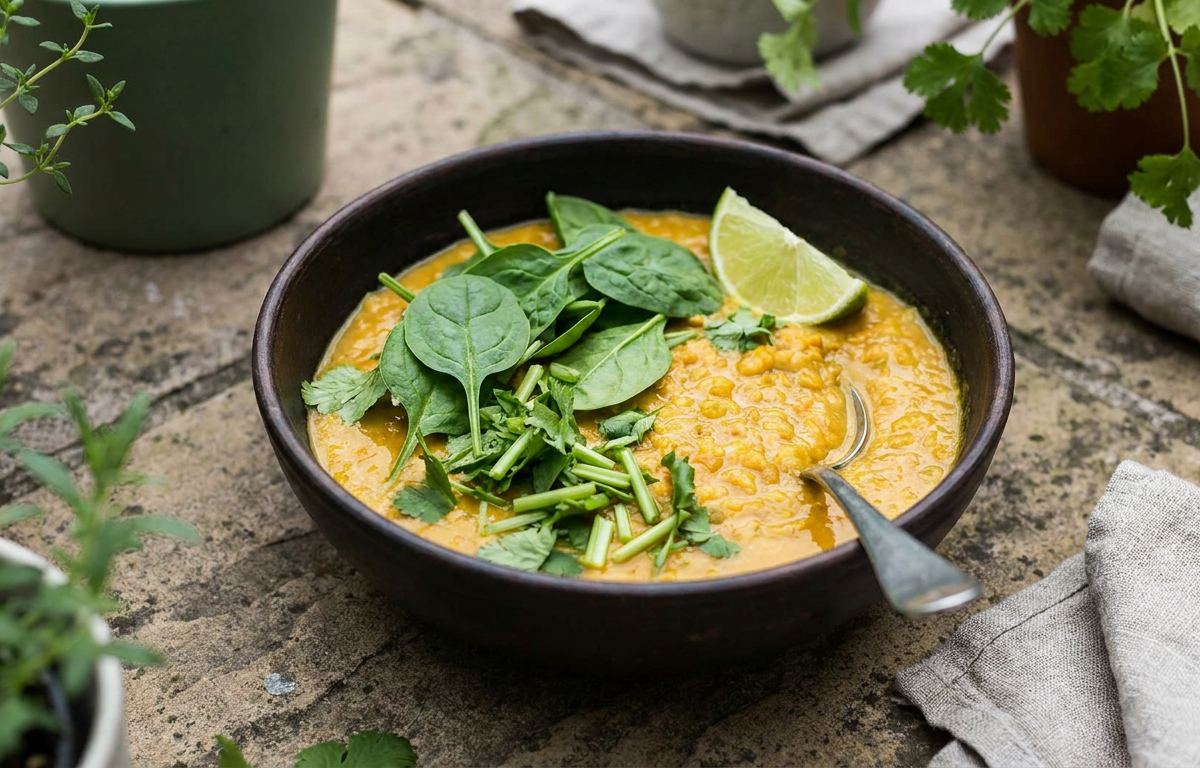 Cremiges veganes Linsen-Dal mit Kokosmilch und Spinat