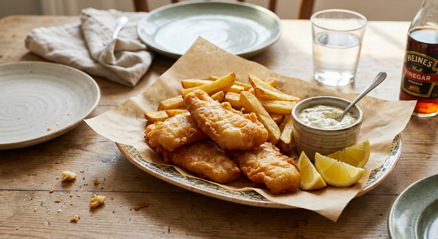 Klassisk Fish and Chips served on a plate, photographed in natural light