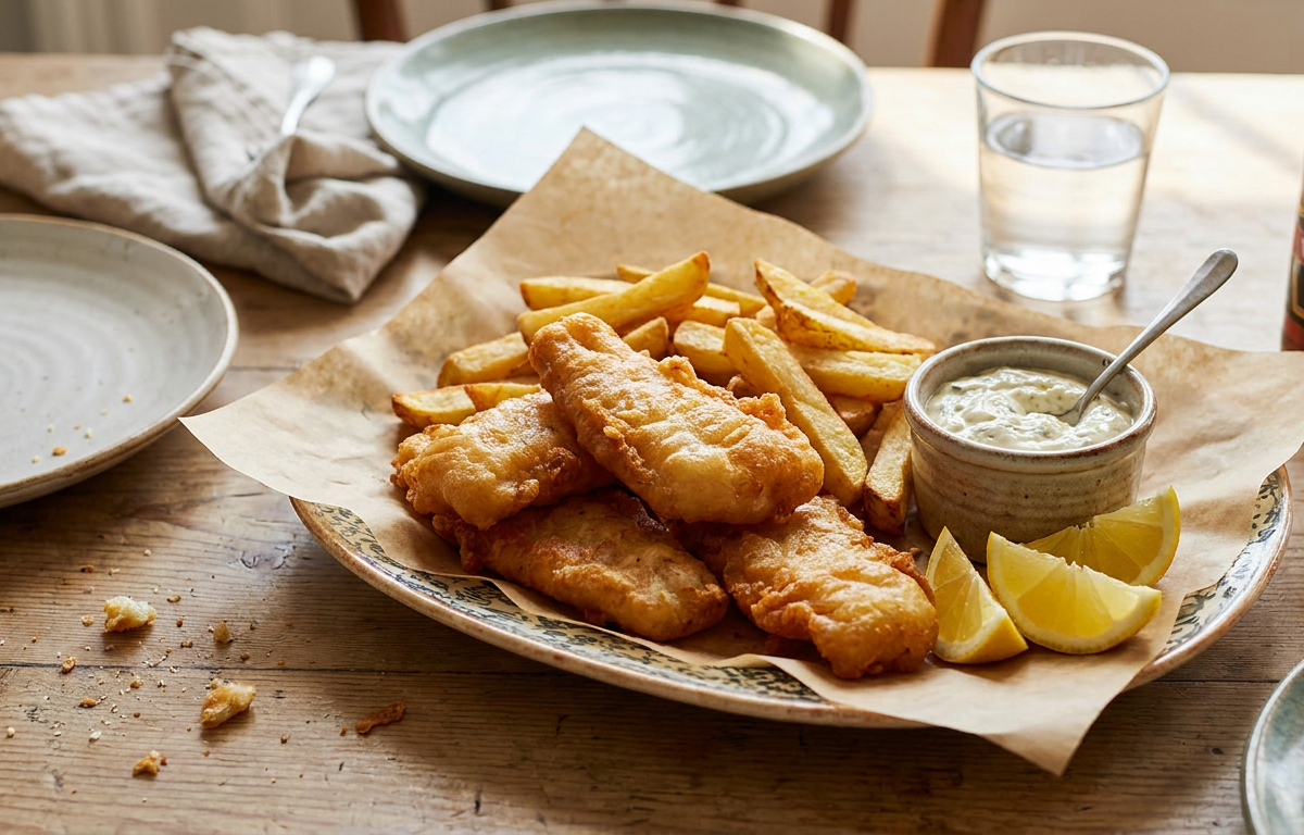 Klassisk Fish and Chips served on a plate, photographed in natural light