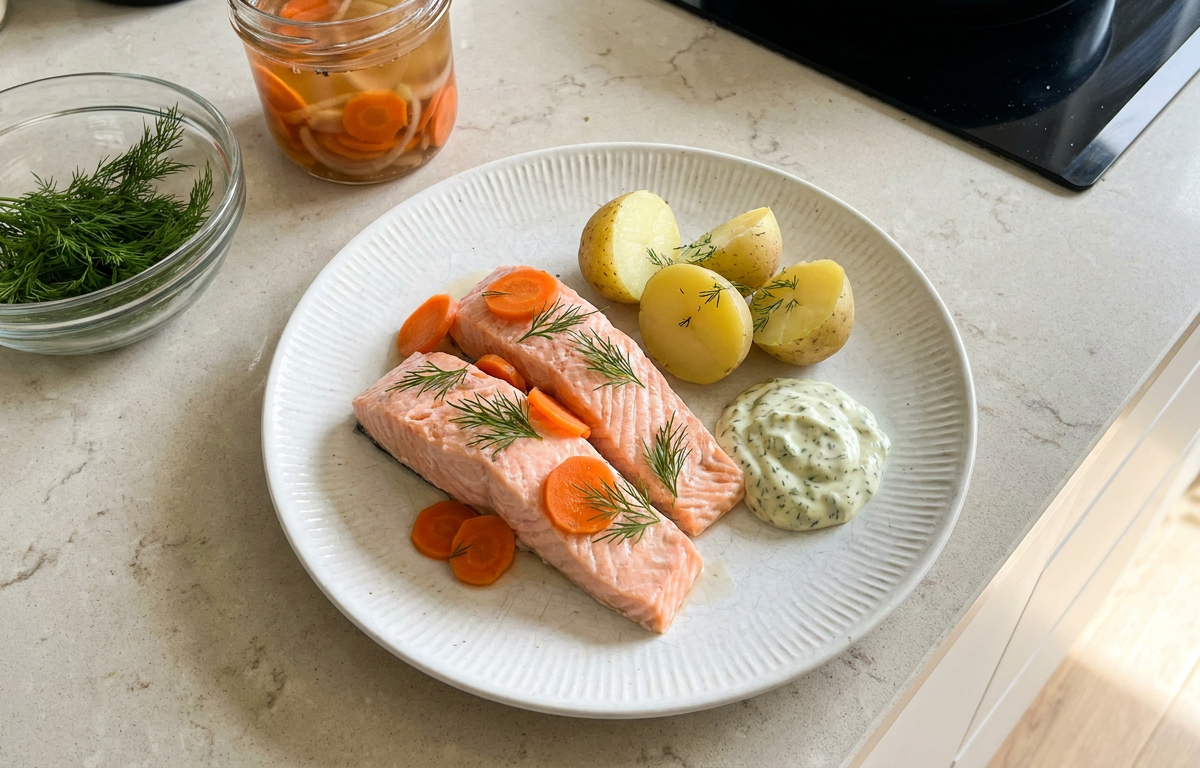 Salmón pochado al estilo sueco (inkokt lax) con patatas y salsa de eneldo