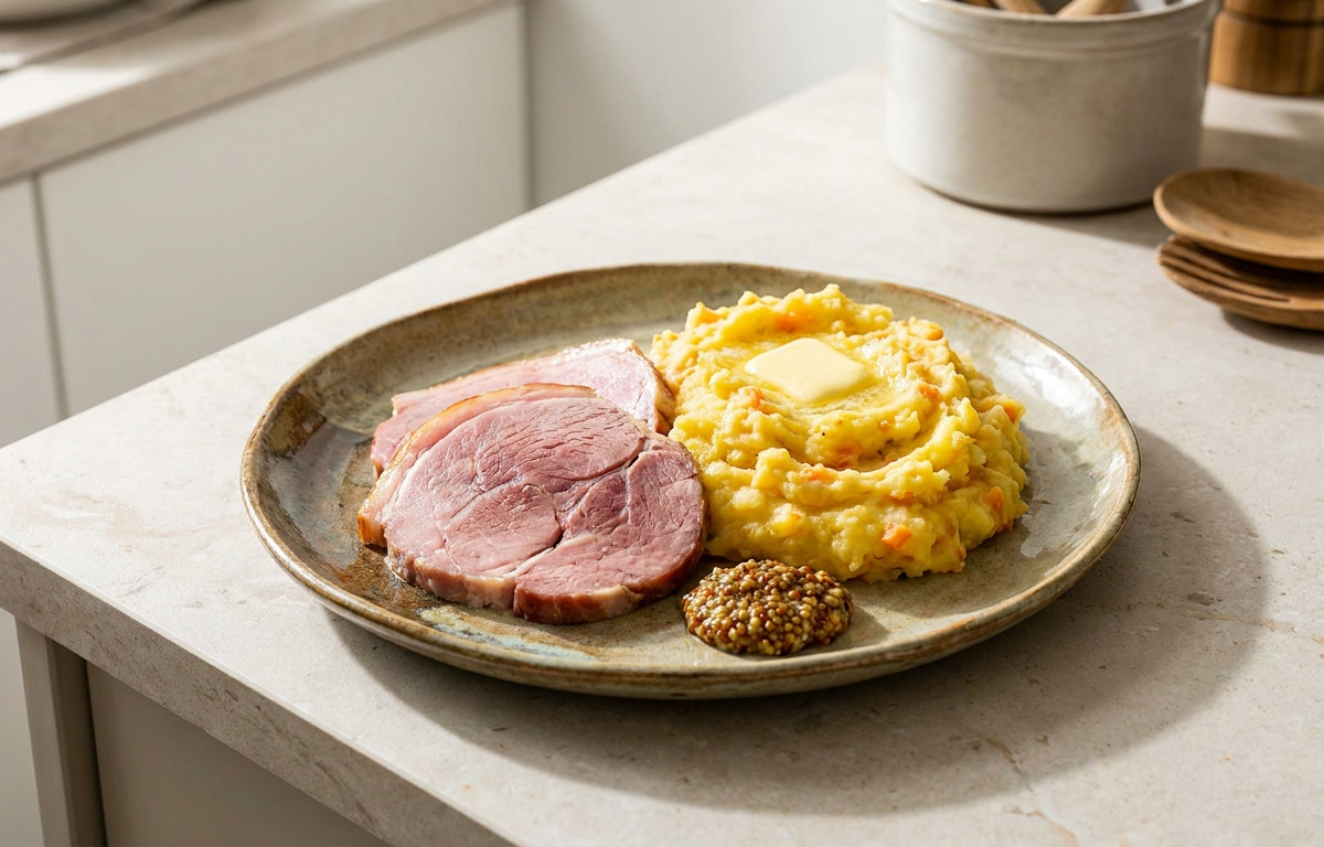 Klassische gepökelte Schweinshaxe mit Steckrübenstampf
