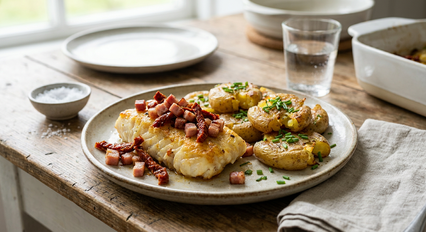 Dos de cabillaud au bacon, tomates séchées et pommes de terre écrasées