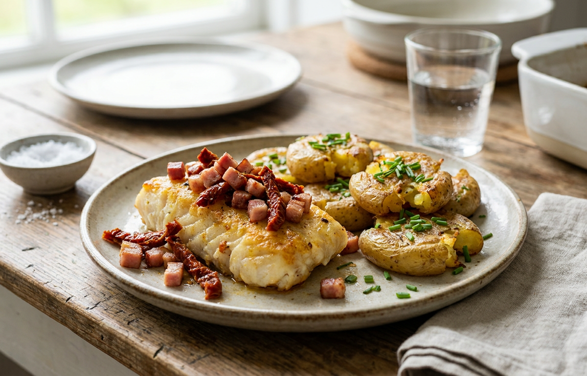 Dos de cabillaud au bacon, tomates séchées et pommes de terre écrasées