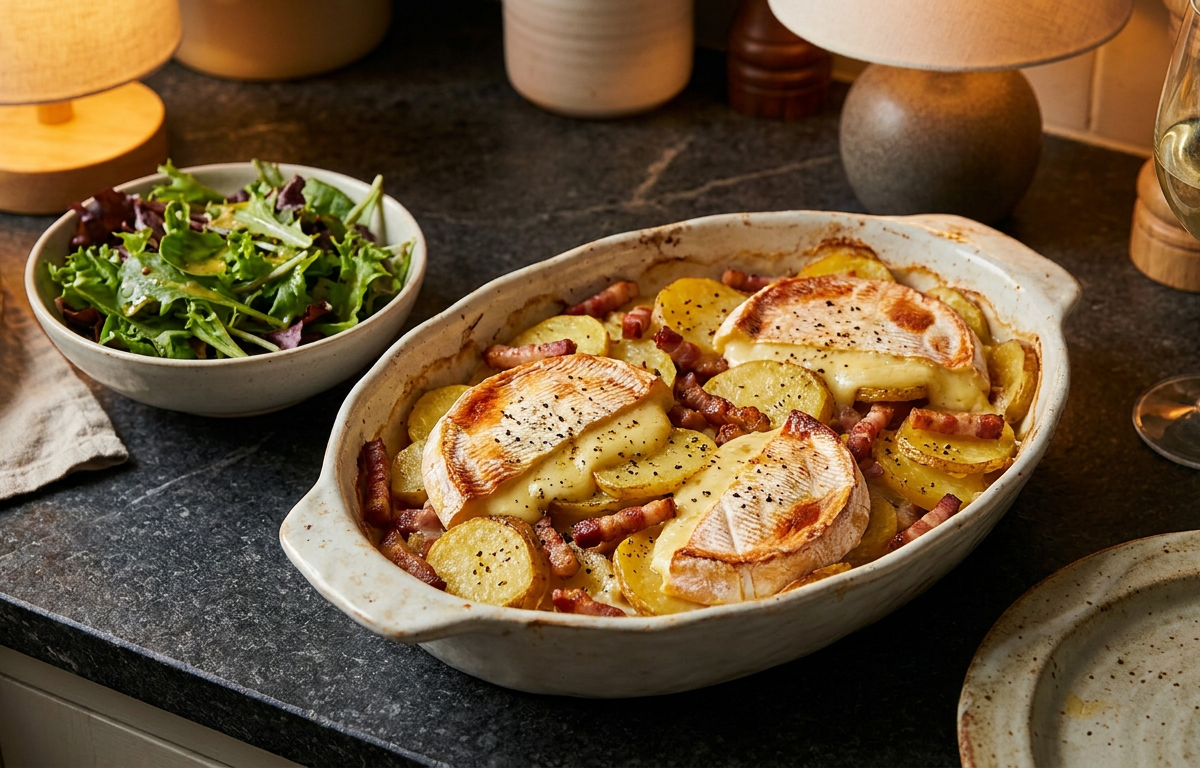 Savoyard Tartiflette served on a plate, photographed in natural light