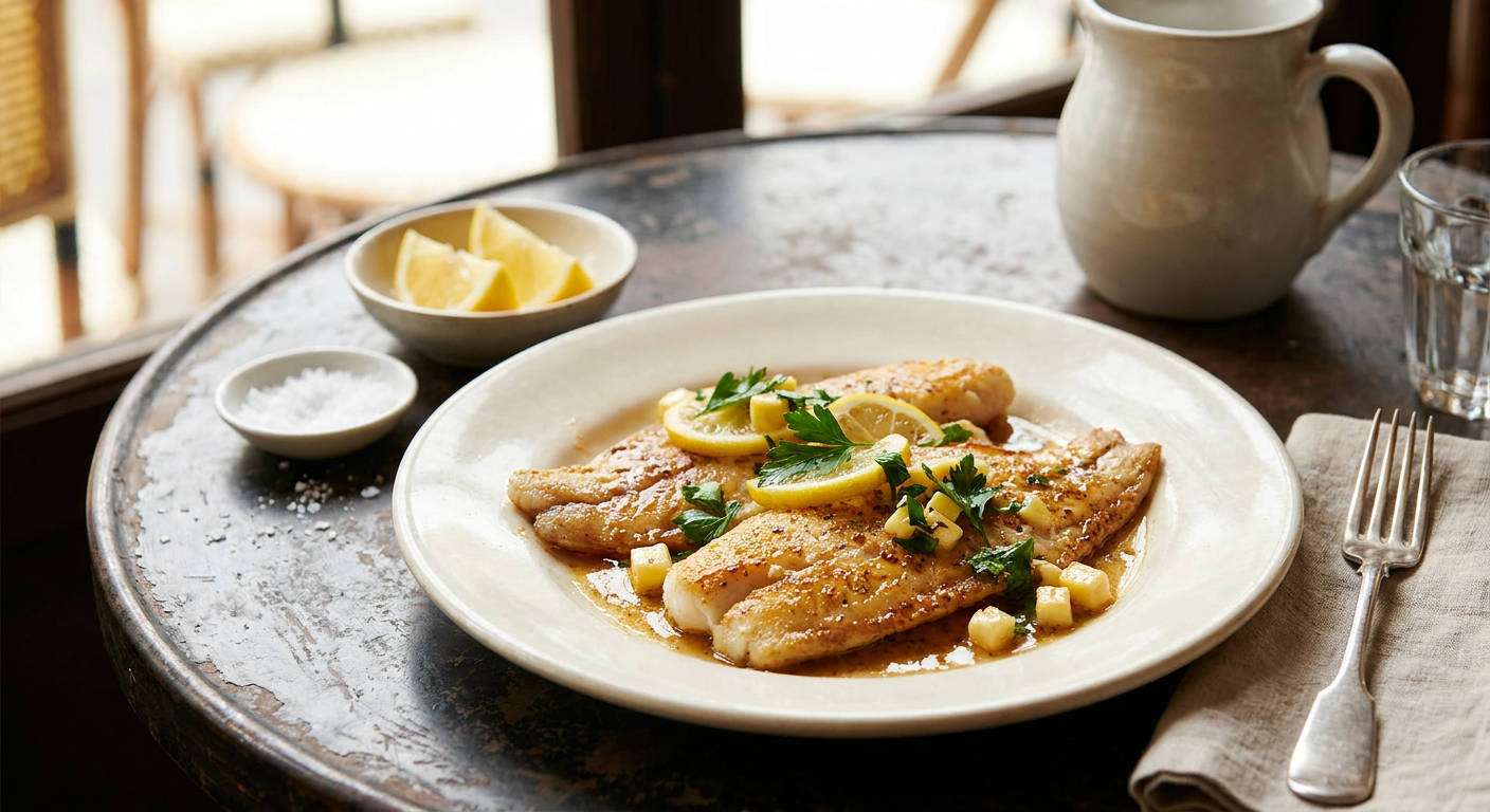 Classic Pan-Seared Fish Meunière served on a plate, photographed in natural light