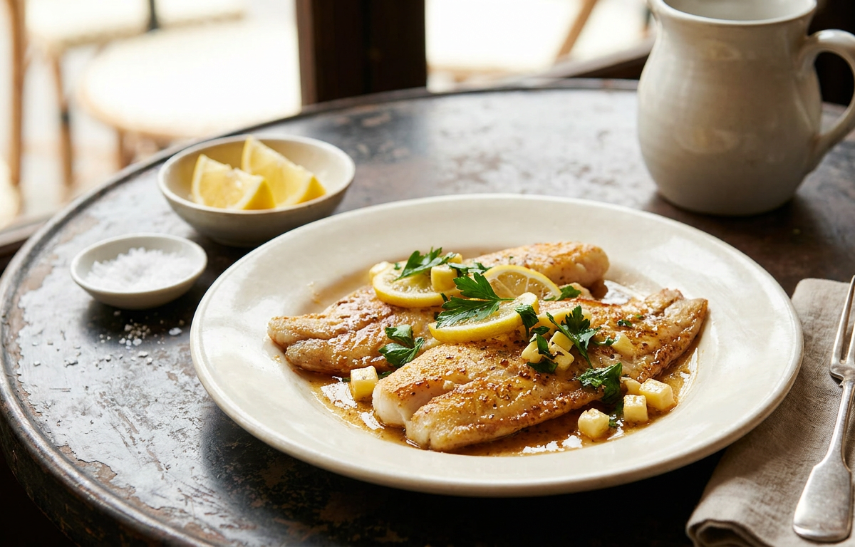 Classic Pan-Seared Fish Meunière served on a plate, photographed in natural light