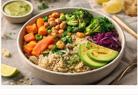 Vegan bowl with grains, roasted vegetables and chickpeas