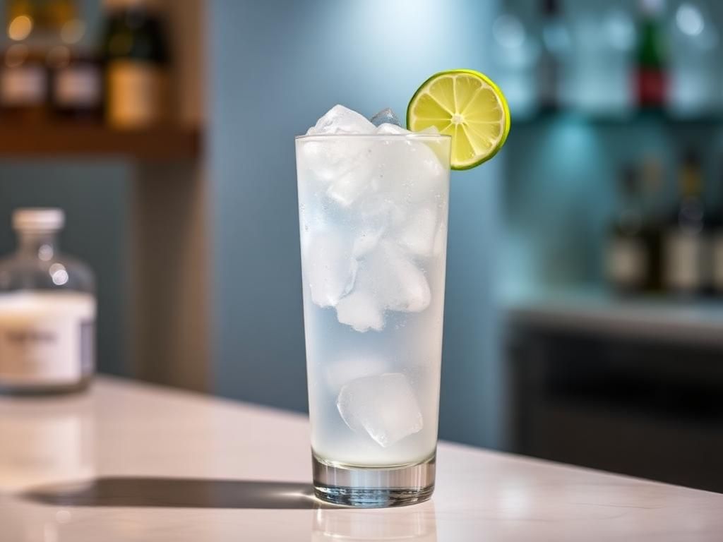 Vodka soda in a tall glass with ice and lime