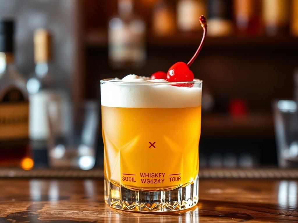 Whiskey sour with foam top and a cherry